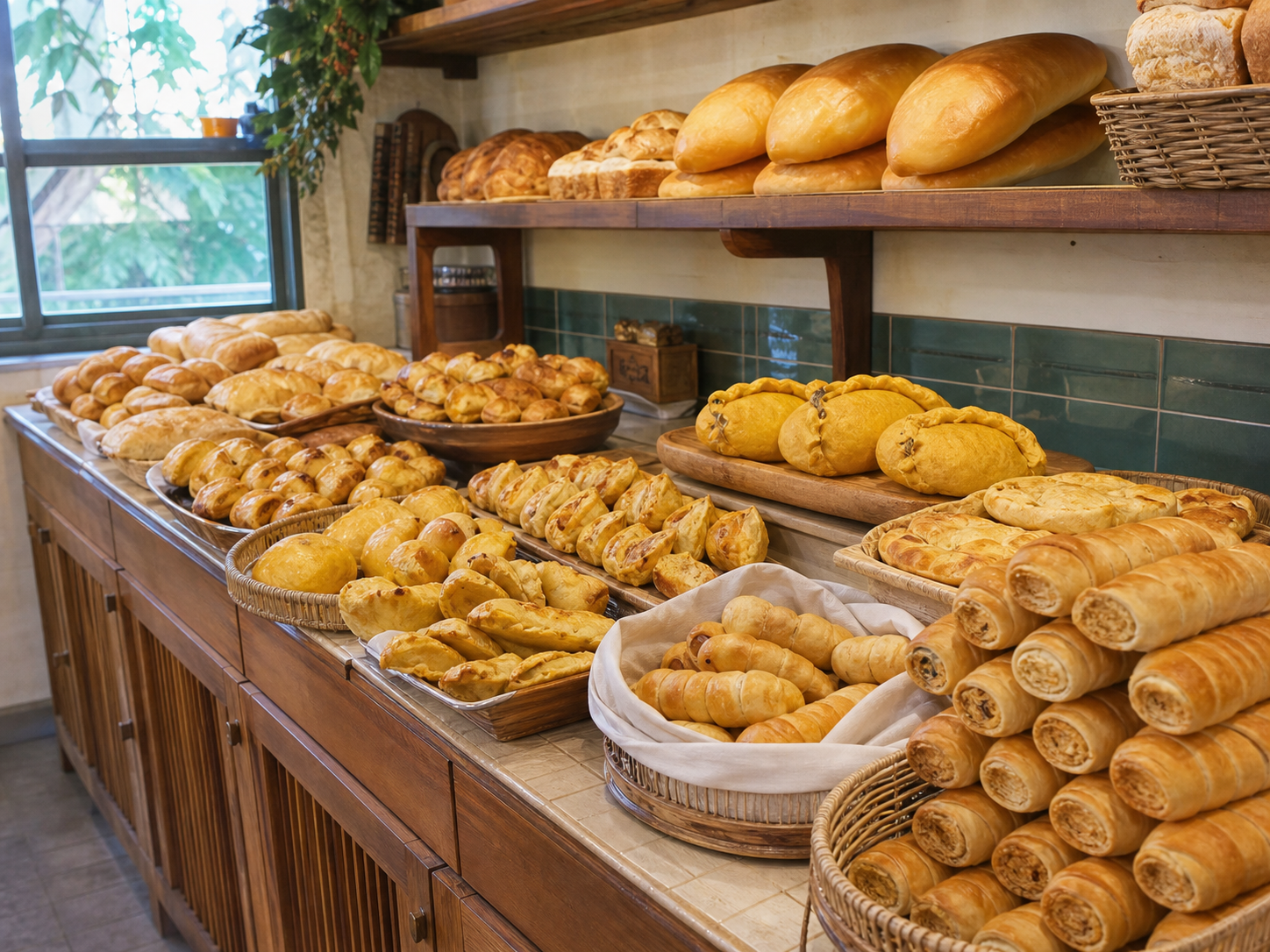 An abundant bakery counter filled with Venezuelan breads and savory pastries