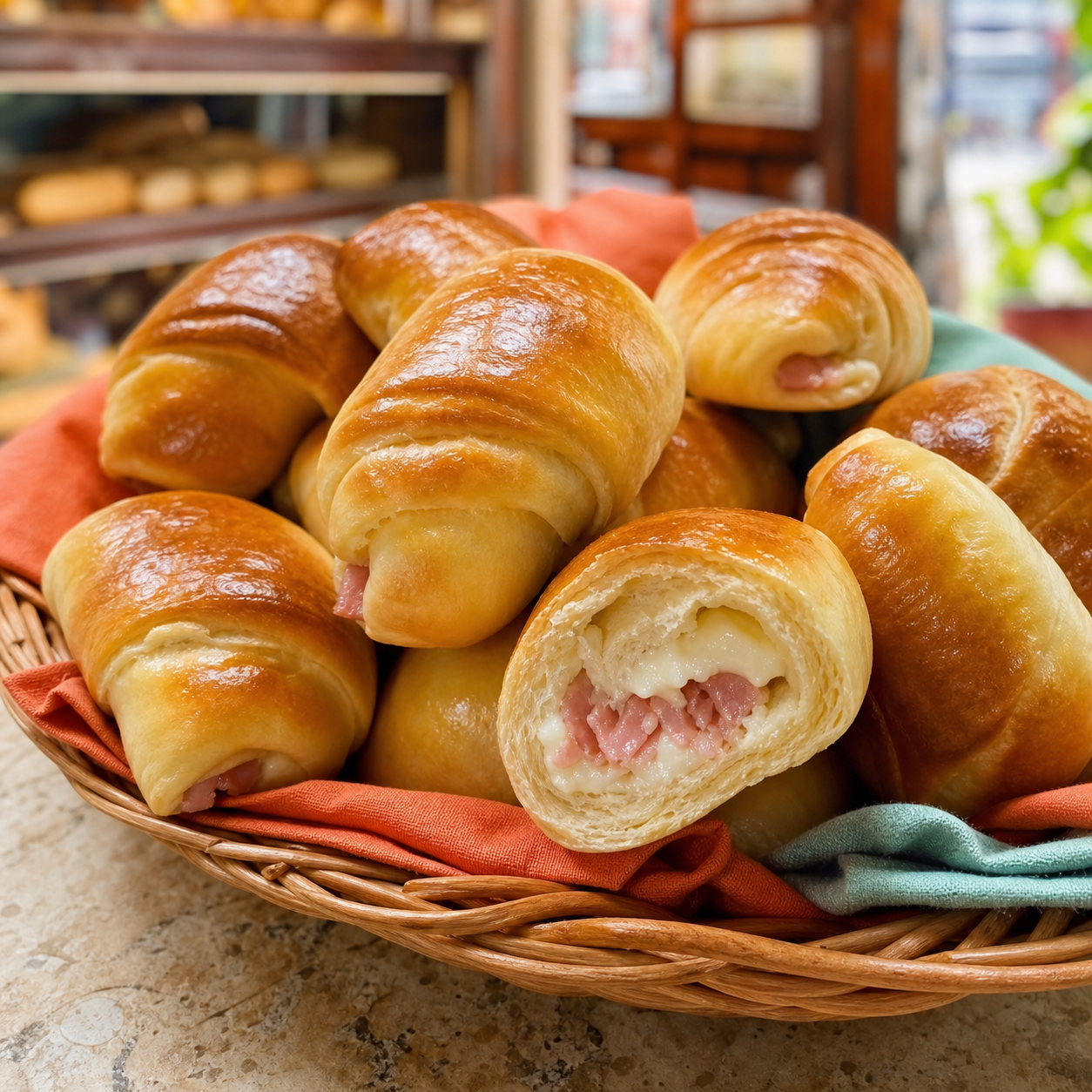 Basket of golden ham and cheese cachitos