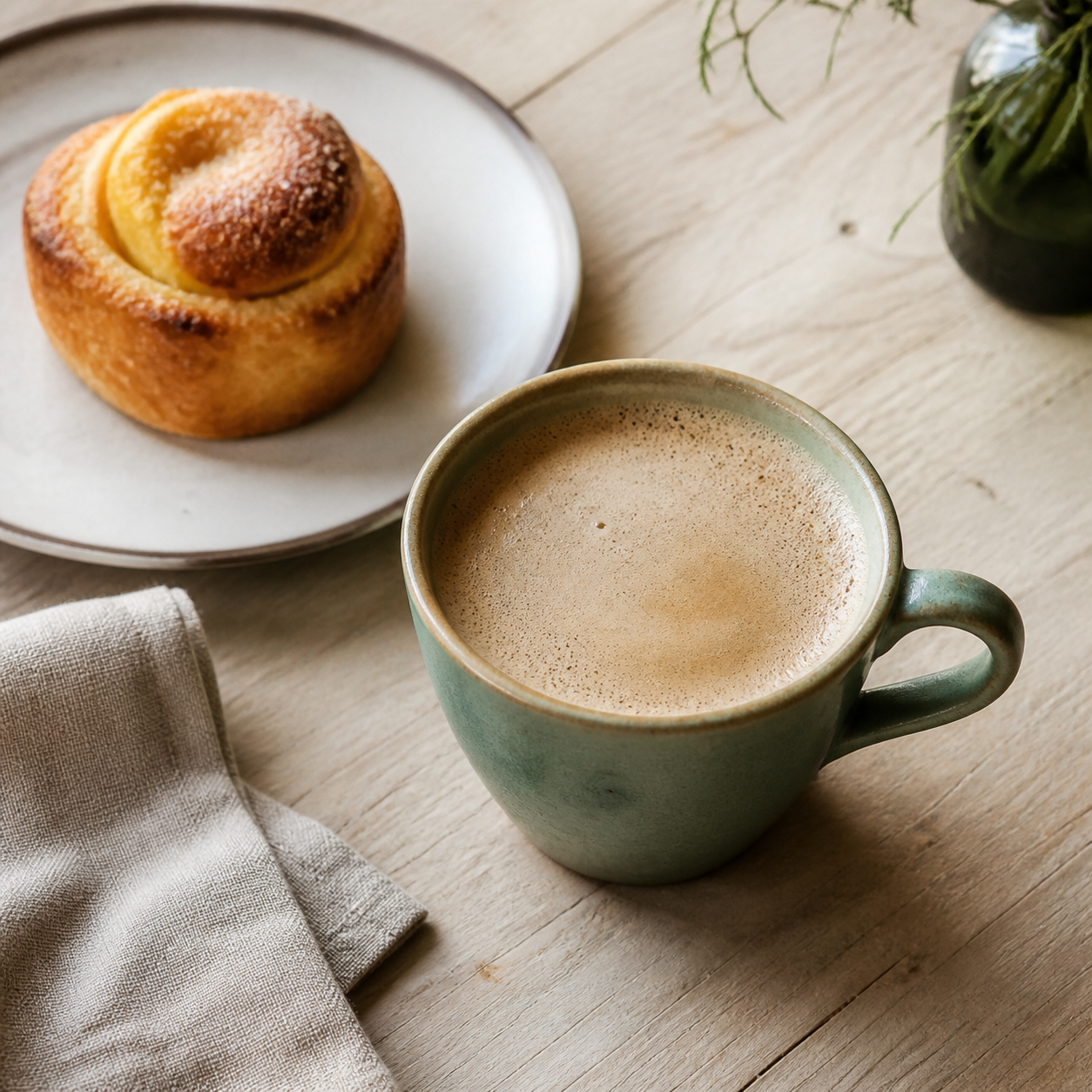 Café con leche in a sea-glass cup with a fresh sweet bread