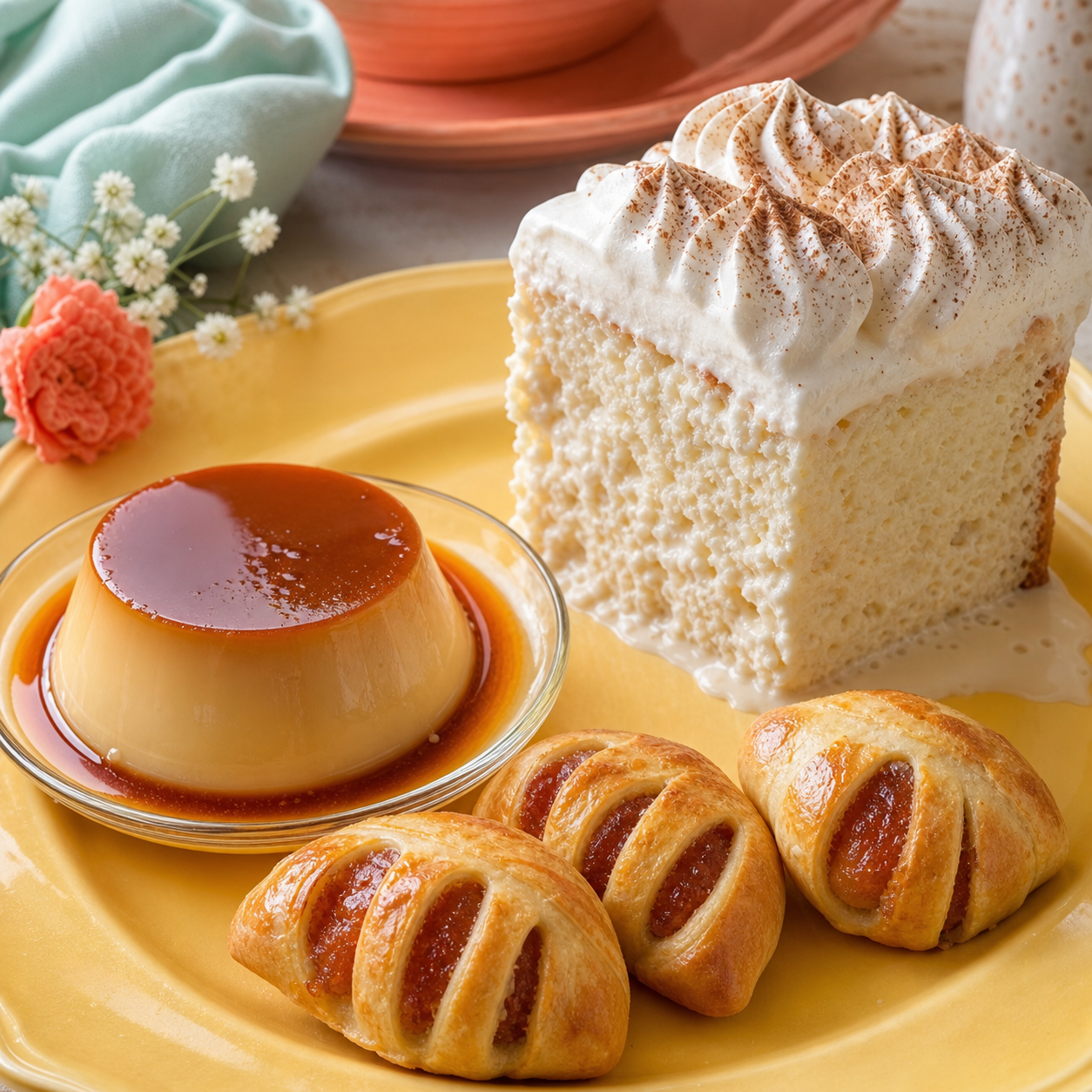 Tres leches cake, quesillo and guava pastries